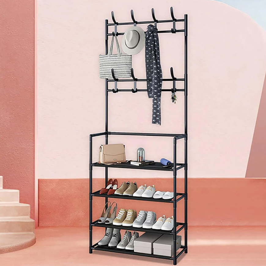 Raft Pantofi Multifunctional cu Cuier si Suport Haine – Structura Metalica