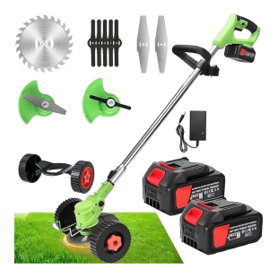 Motocoasa Electrica Profesionala SUPER TRENDS®, 1500W cu 2 Acumulatori 48V, Roti Detasabile si 3 Unghiuri de Taiere, Design Rezistent din ABS si Metal, Verde