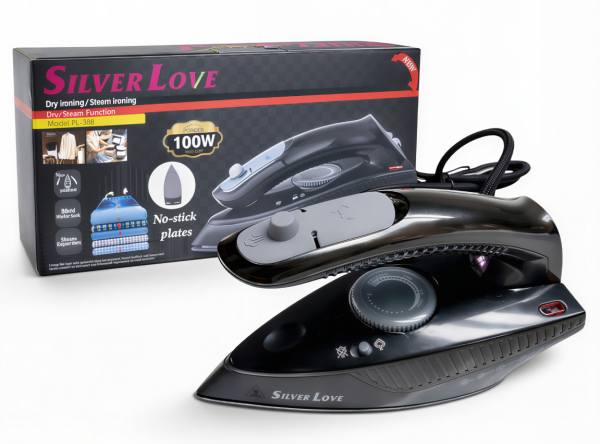 24/bax Fier de Călcat Silver Love PL-388, 1000W, 20.5x 8.5cm cu Abur și Uscat, Talpă Antiaderentă Rezervor Apă 80ml Engros
