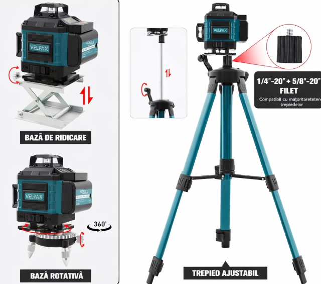 5/bax-Nivela Laser Profesionala 4D 16 Linii Verde 360° MAXLIGHT, Autonivelare Automata, Trepied Reglabil, Baza Rotativa 360°, Telecomanda, 2 Acumulatori, Suport Magnetic, Ochelari Protectie, Manusi de Lucru, Valiza Transport, pentru Constructii si Amenajari Int - imagine 3