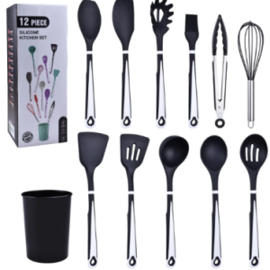 72/bax-Set ustensile bucatarie 12 piese – lemn + silicon alimentar, termorezistente, suport blat negru