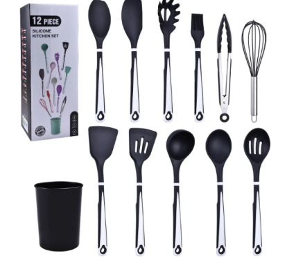 72/bax-Set ustensile bucatarie 12 piese – lemn + silicon alimentar, termorezistente, suport blat negru
