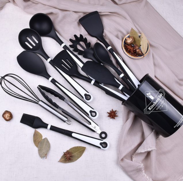 72/bax-Set ustensile bucatarie 12 piese – lemn + silicon alimentar, termorezistente, suport blat negru - imagine 2