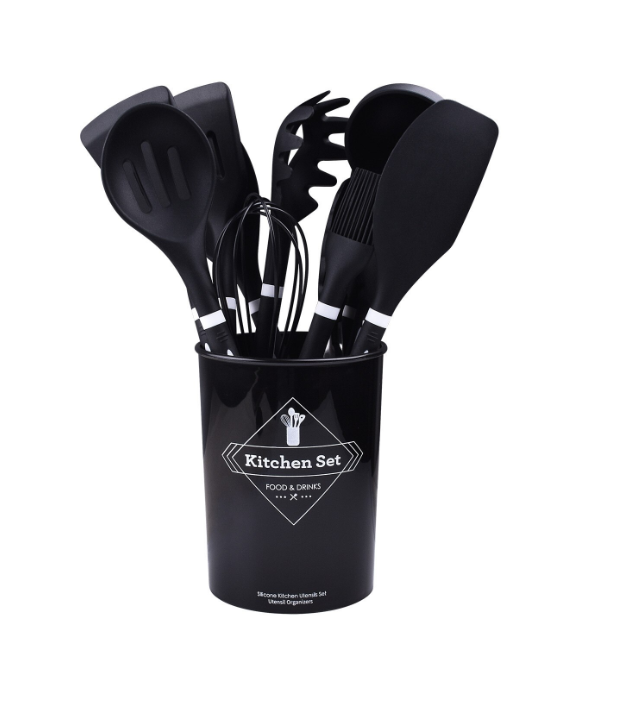 72/bax-Set ustensile bucatarie 12 piese – lemn + silicon alimentar, termorezistente, suport blat negru - imagine 3