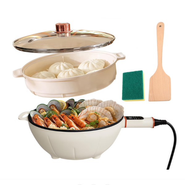 12/bax-Tigaie electrica Wok, Wacorresi, multifunctionala, 1500W, 4L, pentru gatit fara aragaz, cu capac, cu abur, non-stick, pentru plita cu inductie/gaz/ceramica/electrica, 28.5cm, Alb
