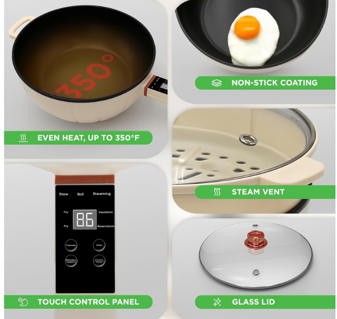 12/bax-Tigaie electrica Wok, Wacorresi, multifunctionala, 1500W, 4L, pentru gatit fara aragaz, cu capac, cu abur, non-stick, pentru plita cu inductie/gaz/ceramica/electrica, 28.5cm, Alb - imagine 4