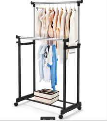 18/bax-Suport dublu pe roti pentru umerase haine, PrzydaSie.pl, Metal, Reglabil, 43 x 81 x 86-161 cm, Negru/Argintiu