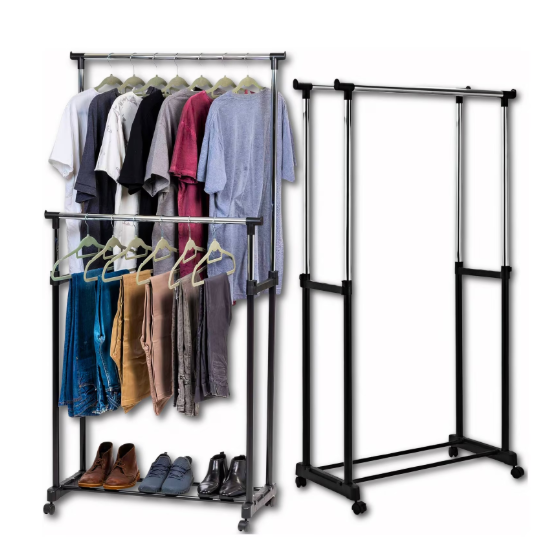 18/bax-Suport dublu pe roti pentru umerase haine, PrzydaSie.pl, Metal, Reglabil, 43 x 81 x 86-161 cm, Negru/Argintiu - imagine 2