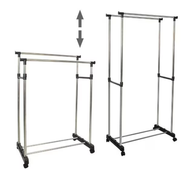 18/bax-Suport dublu pe roti pentru umerase haine, PrzydaSie.pl, Metal, Reglabil, 43 x 81 x 86-161 cm, Negru/Argintiu - imagine 3