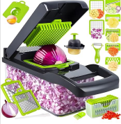 24/bax-Tocator Legume si Fructe 13 in 1, Mandolina Multifunctionala, Razatoare si Feliator Ceapa, Morcovi, Cartofi, cu Recipient Colector si Cos de Scurgere, Accesorii Diverse, Gri