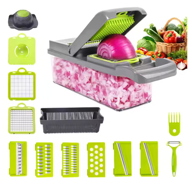 24/bax-Tocator Legume si Fructe 13 in 1, Mandolina Multifunctionala, Razatoare si Feliator Ceapa, Morcovi, Cartofi, cu Recipient Colector si Cos de Scurgere, Accesorii Diverse, Gri - imagine 2