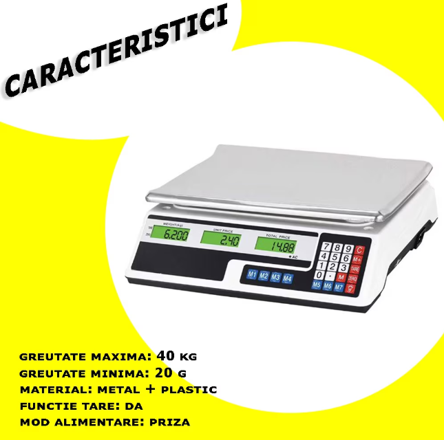 5/bax-Cantar Electronic Precizie EDAR Pentru Magazine, Piata, Comercial, 40 Kg, Digital, Functie TARE, Display Luminat, Platforma Metalica, Alb - imagine 3