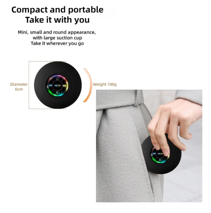 100/bax-Boxa portabila Bluetooth pentru dus, cu lumini LED, impermeabila, cu ventuza, neagra - imagine 3