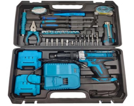 10/bax-Set bormasina electrica cu acumulator 48V, 2 baterii, accesorii multifunctionale pentru lucrari variate, alaturi de mini fierastrau, manusi de protectie si valiza profesionala – solutie completa pentru bricolaj si gospodarie