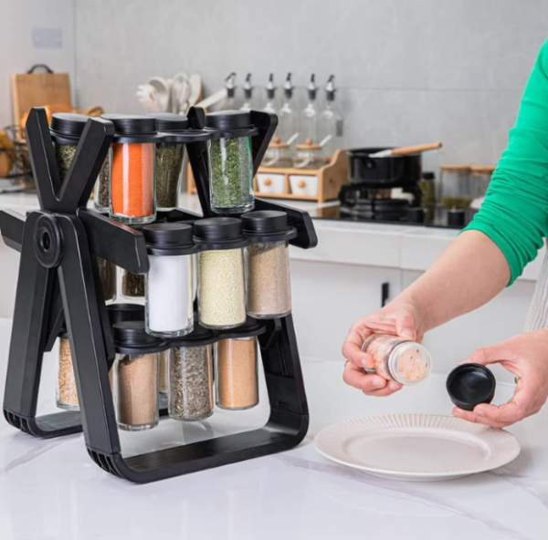 12/bax-Organizator condimente, rotativ 360°, economiseste spatiul, design elegant si functional, set cu 18 borcane, 29 × 21 × 25 cm - FERRISPICE