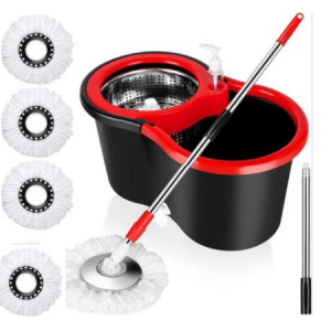 25/bax-Set Mop Rotativ si Galeata cu Sistem de Stoarcere SUPER TRENDS, Maner Reglabil din Otel Inoxidabil, Rosu-Negru, 155 cm, 8 L