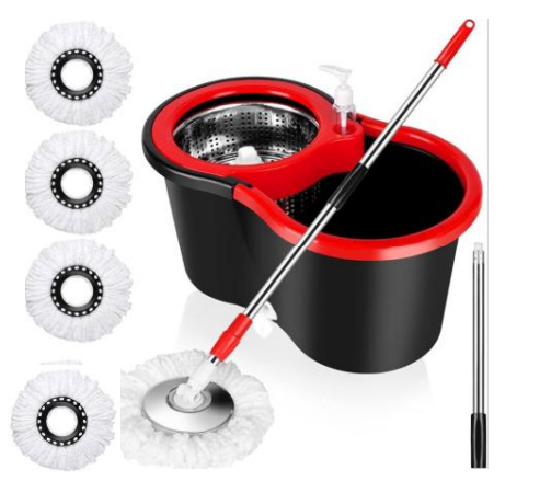 25/bax-Set Mop Rotativ si Galeata cu Sistem de Stoarcere SUPER TRENDS, Maner Reglabil din Otel Inoxidabil, Rosu-Negru, 155 cm, 8 L