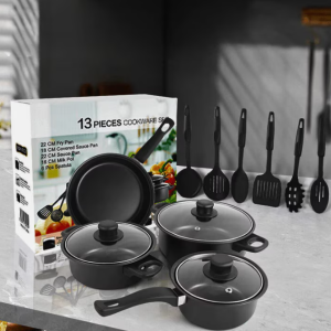 12/bax-Set de Gatit cu 13 Piese, Oale, Cratite, Tigaie Antiaderenta si Ustensile de Bucatarie, Negru