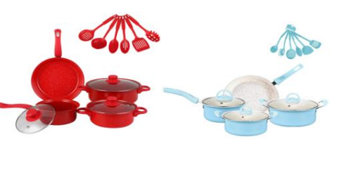 12/bax-Set de vase de gatit, material antiaderent, invelis din piatra medicala, cu capac pentru oala, albastru