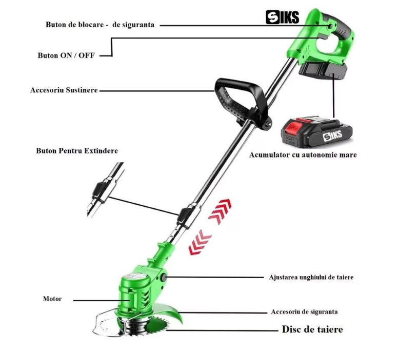 10/bax-Motocoasa Electrica SIKS Cu Acumulator, Fara Fir, Cu Disc, 2 Acumulatori Inclusi, 18000 RPM, Autonomie Mare, 3 Tipuri De Lame De Taiere, Brat Ajustabil, 7 Accesorii Interschimbabile, Din ABS Si Metal, Verde - imagine 2