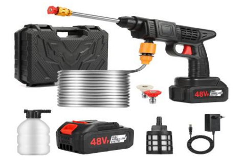 10/bax-Aparat De Spalat Cu Presiune tip Pistol fara fir Selling Depot®, 2 acumulatori, 48Vf, Pistol cu 3 moduri, 30 bari, Recipient spuma, Filtru si Duze incluse, Negru