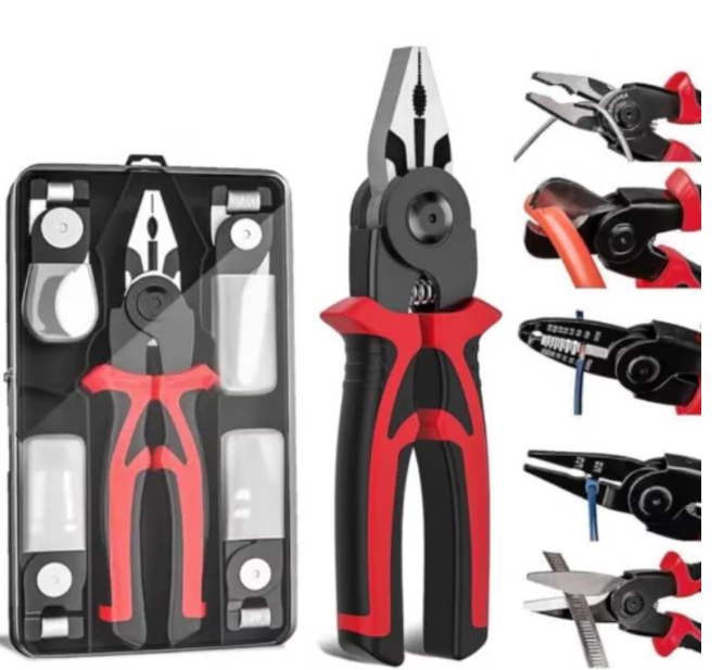 20/bax-Set Cleste Multifunctional 5 in 1, Zippi, Patent, Dezizolator, Sertizor, Taietor Cabluri, Foarfeca, Maner Ergonomic, Otel Durabil, Negru/Rosu