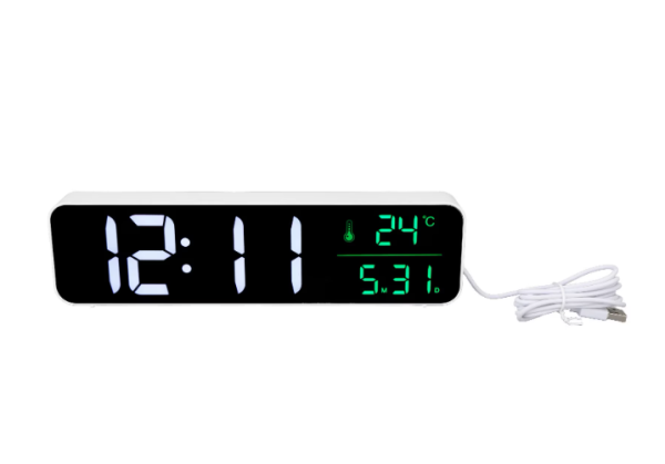 Ceas desteptator digital LED Longziming, alb, cu 5 niveluri de luminozitate, 40 melodii, 2 seturi de alarma, alimentare prin USB