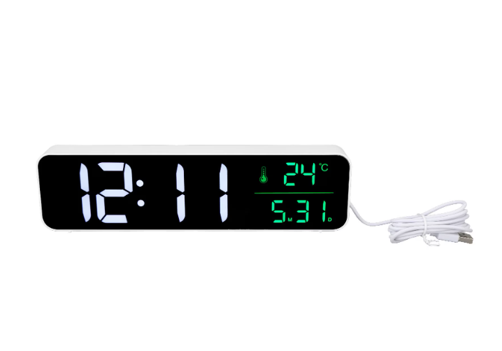Ceas desteptator digital LED Longziming, alb, cu 5 niveluri de luminozitate, 40 melodii, 2 seturi de alarma, alimentare prin USB