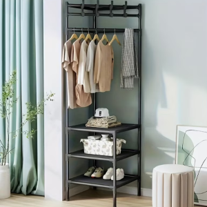 20/bax-Suport de colt pentru haine, robust, cu 2-3 rafturi de depozitare si 4 carlige duble, Negru