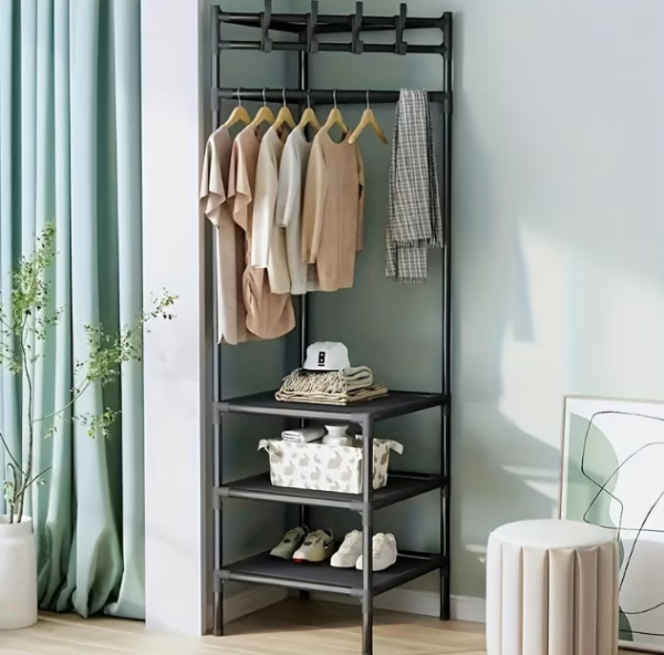 20/bax-Suport de colt pentru haine, robust, cu 2-3 rafturi de depozitare si 4 carlige duble, Negru
