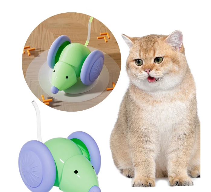 200/bax-Jucarie Automata Soricel, Miraza, pentru Pisici, Evita Obstacolele, Miscari Aleatorii, Roti Mari, Coada LED RGB, Incarcare USB-C, Verde