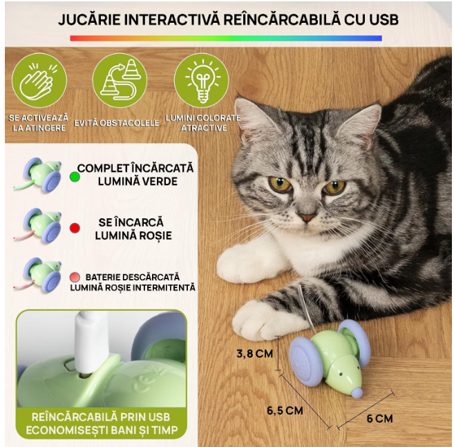 200/bax-Jucarie Automata Soricel, Miraza, pentru Pisici, Evita Obstacolele, Miscari Aleatorii, Roti Mari, Coada LED RGB, Incarcare USB-C, Verde - imagine 2