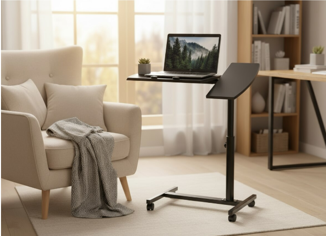 6/bax-Suport reglabil pentru laptop cu roti si frane, birou mobil, inaltime si unghi ajustabile, suport ergonomic pentru lucru in sezut sau in picioare, cu doua blaturi - imagine 2