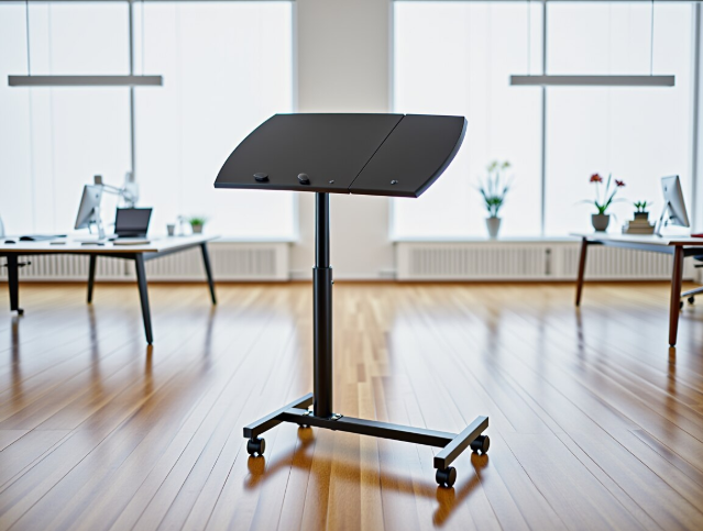 6/bax-Suport reglabil pentru laptop cu roti si frane, birou mobil, inaltime si unghi ajustabile, suport ergonomic pentru lucru in sezut sau in picioare, cu doua blaturi - imagine 3
