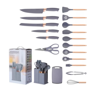 20/bax-Set Ustensile de Bucatarie Profesionale TNS®, 19 piese, Maner Bambus Termorezistent, Silicon Alimentar Non-Lipicios, Cutite, Tocator, Foarfeca, Gri