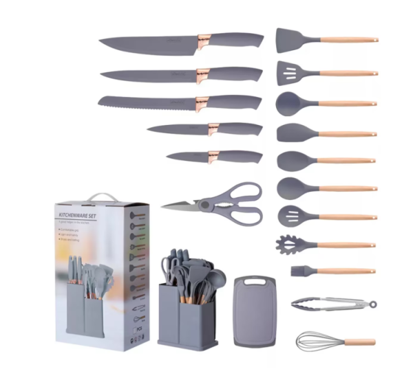 20/bax-Set Ustensile de Bucatarie Profesionale TNS®, 19 piese, Maner Bambus Termorezistent, Silicon Alimentar Non-Lipicios, Cutite, Tocator, Foarfeca, Gri