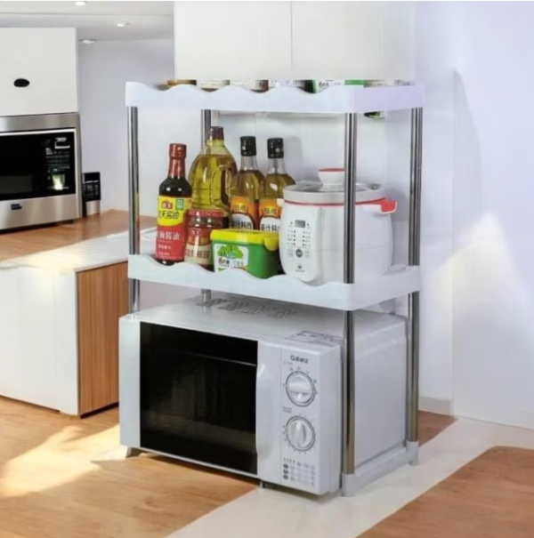 16/bax-Suport cu 2 etajere pentru cuptor cu microunde Razo – Raft suprapus, usor de asamblat, din Plastic si Otel inoxidabil