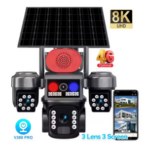 Camera Supraveghere 4G cu Panou Solar Tip Crocodil, 3 Camere rotative 720°, 15 MP (5 + 5 + 5MP), 8K UHD, Panou Solar Monocristalin, Viziune Nocturna, Detectare Umana, Zoom 10 X, Functie Audio Bidirect