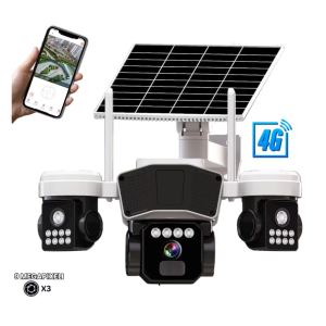 Camera de supraveghere 3in1 cu panou solar, conexiune SIM 4G, 9MP, acumulator de 16.000 mAh, Rotire automata, urmarire inteligenta, Night Vision color, lumini nocturne, Slot MicroSD, Vedere tripla, Alb-Negru