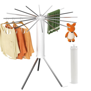Uscator de Rufe Tip Umbrela, Hggzeg, Uscator Vertical Pliabil Pentru Rufe Haine, 16 tije de uscare, Rotatie de 360°, Capacitate maxima de incarcare 40 kg, Potrivit pentru terase, balcoane, spalatorii, Plastic/otel carbon, 112x125 cm, Alb