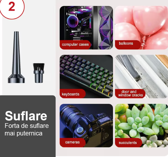 20/bax-Aspirator de Mana Profesional SUPER TRENDS®, cu Acumulator, Puternic si Usor, Putere 150W, Acumulator 18.5V 1.3Ah, 6 Accesorii, Aspirare Uscata, Suflare, Vacuum pentru Casa si Masina, Negru - imagine 3