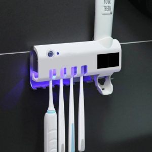 60/BAX Dozator pasta de dinti si suport pentru periute, cu functie de sterilizator, Alb, lumina UV