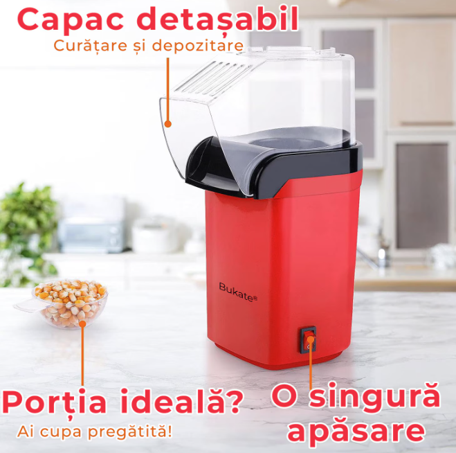Aparat cu Aer Cald de facut Popcorn, Gata in max. 3 min, 1200W, Recipient dozator Boabe, Rosu - imagine 3