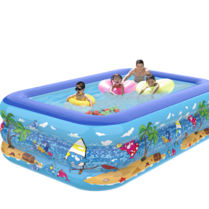 Piscina Gonflabila Pentru Adulti/Copii, Baza Podea Moale Gonflabila, Lungime 210X130X56 3 Inele Gonflabile, Dreptunghiulara, Umflare/Dezumflare Rapida, Portabila, PVC, Albastru/Multicolor