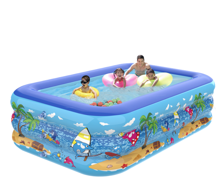Piscina Gonflabila Pentru Adulti/Copii, Baza Podea Moale Gonflabila, Lungime 210X130X56 3 Inele Gonflabile, Dreptunghiulara, Umflare/Dezumflare Rapida, Portabila, PVC, Albastru/Multicolor