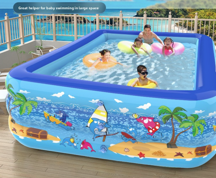 Piscina Gonflabila Pentru Adulti/Copii, Baza Podea Moale Gonflabila, Lungime 210X130X56 3 Inele Gonflabile, Dreptunghiulara, Umflare/Dezumflare Rapida, Portabila, PVC, Albastru/Multicolor - imagine 2