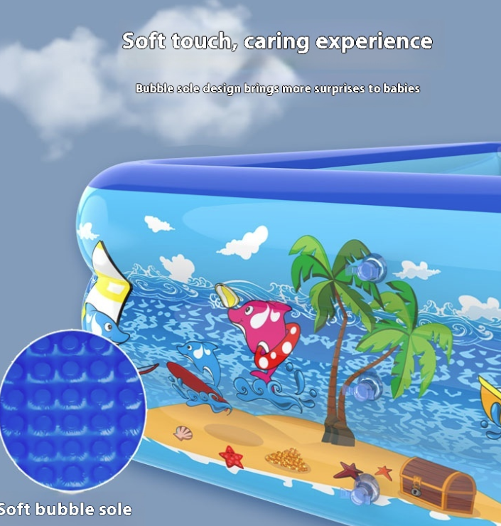 Piscina Gonflabila Pentru Adulti/Copii, Baza Podea Moale Gonflabila, Lungime 210X130X56 3 Inele Gonflabile, Dreptunghiulara, Umflare/Dezumflare Rapida, Portabila, PVC, Albastru/Multicolor - imagine 5