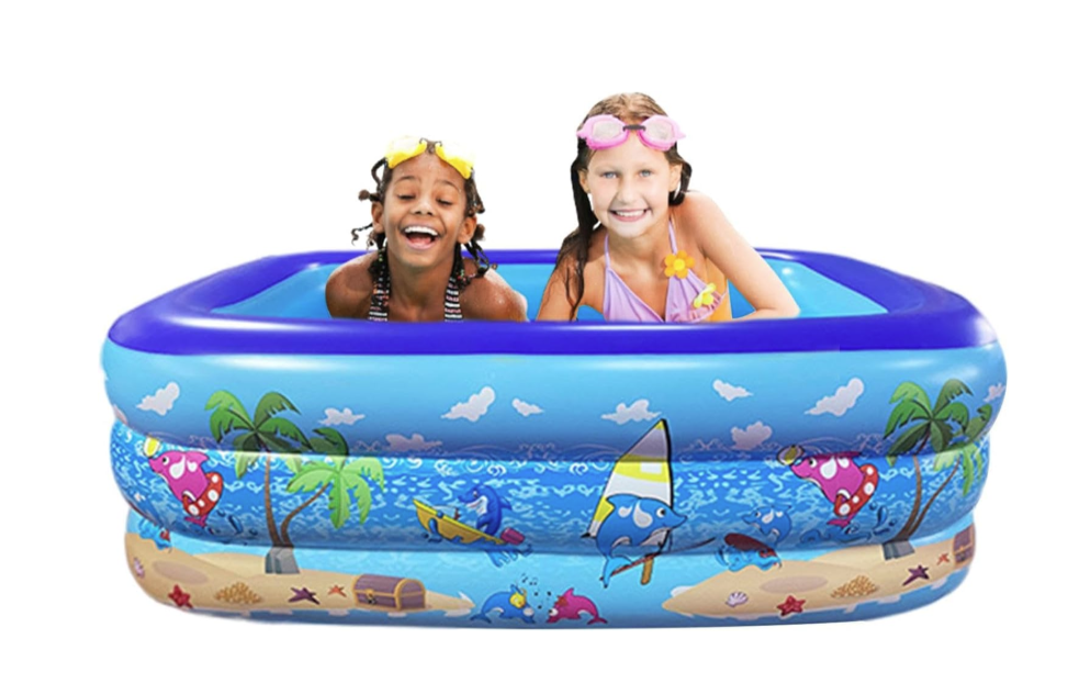 Piscina Gonflabila Pentru Adulti/Copii, Baza Podea Moale Gonflabila, Lungime 210X130X56 3 Inele Gonflabile, Dreptunghiulara, Umflare/Dezumflare Rapida, Portabila, PVC, Albastru/Multicolor - imagine 4