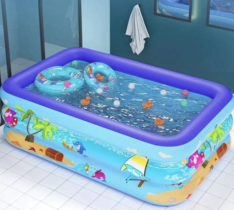 Piscina Gonflabila Pentru Adulti/Copii, Baza Podea Moale Gonflabila, Lungime 210X130X56 3 Inele Gonflabile, Dreptunghiulara, Umflare/Dezumflare Rapida, Portabila, PVC, Albastru/Multicolor - imagine 3