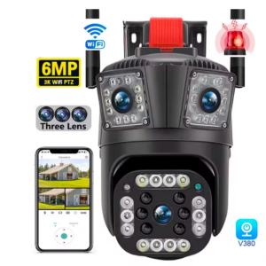 Camera de supraveghere tripla, WIFI, 5K, 3 lentile, 5X zoom, interior/exterior, rotire, comunicare bidirectionala, senzor de miscare, IP66, negru